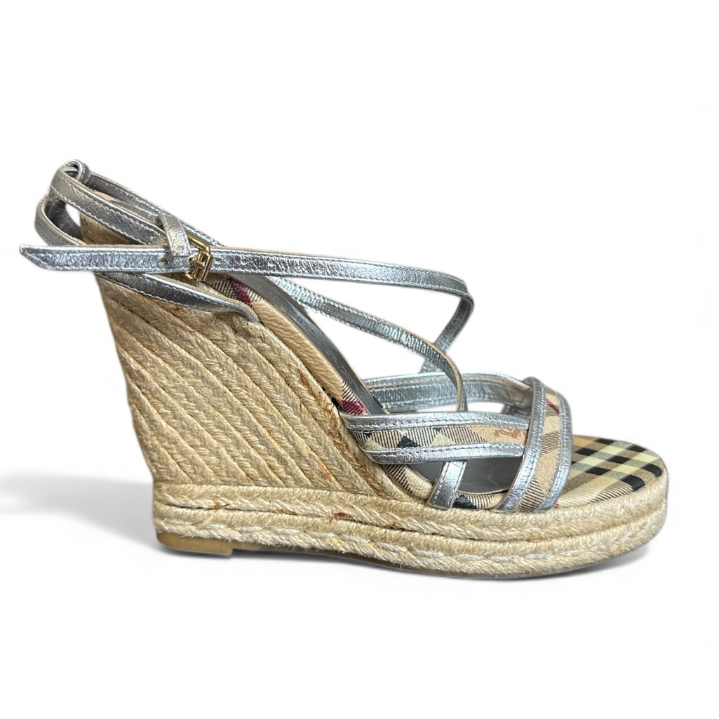 Burberry Silver Plaid Leather Espadrilles Sandals Platform Shoes Size 38 5” Heel